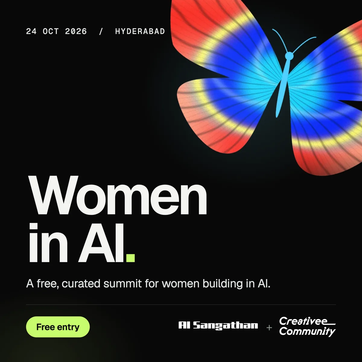 Women in AI poster: an iridescent butterfly above the event name, 24 October 2026, Hyderabad